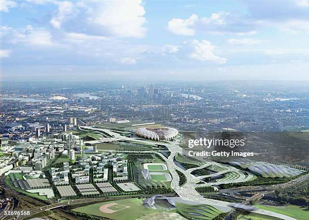 In this handout photo, an artists impression of London's bid for the 2012 Olympic Games on November 8, 2004. Plans for the Olympic Park outlines...