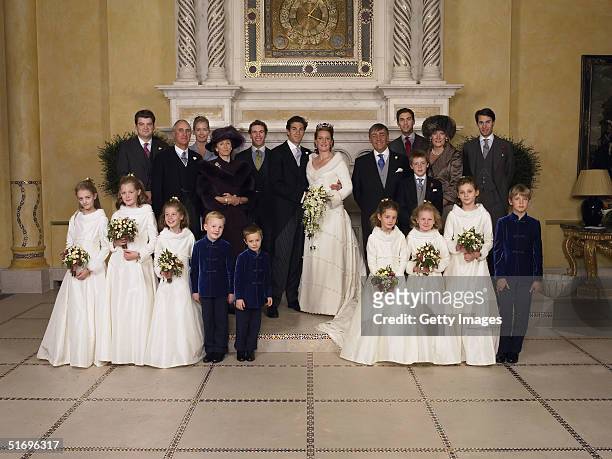 Official photograph taken at the wedding of Ed Van Cutsem & Lady Tamara Grosvenor. Back row from left to right: Aidan Cooney; Mr Hugh van Cutsem;...