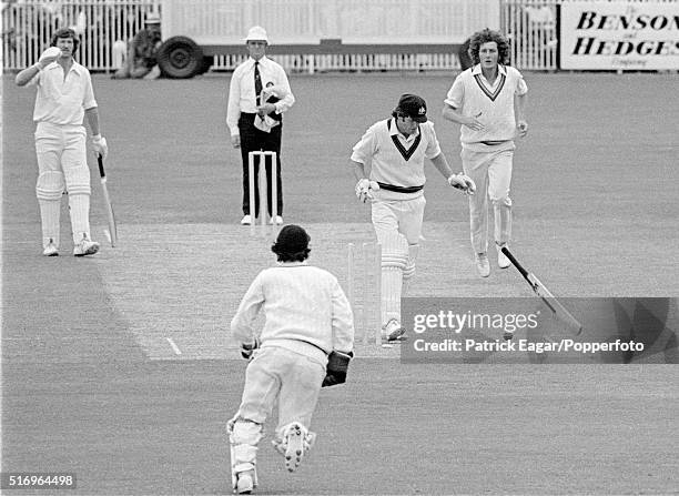 Rick McCosker of Australia is bowled after a ball from Bob Willis of England hit and broke his jaw and deflected onto the wicket, during the...