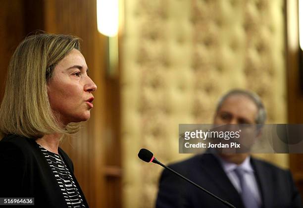 Federica Mogherini, the EU Foreign Policy Chief, speaks during a joint press conference with Jordan's Foreign minister Nasser Judeh in response to...
