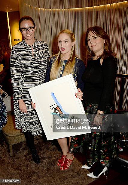 Caroline Rush, Sophia Webster and Alexandra Shulman attend the BFC/Vogue Designer Fashion Fund 2016 winners announcement at the Bulgari Hotel on...