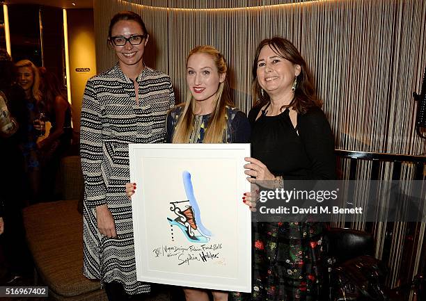 Caroline Rush, Sophia Webster and Alexandra Shulman attend the BFC/Vogue Designer Fashion Fund 2016 winners announcement at the Bulgari Hotel on...