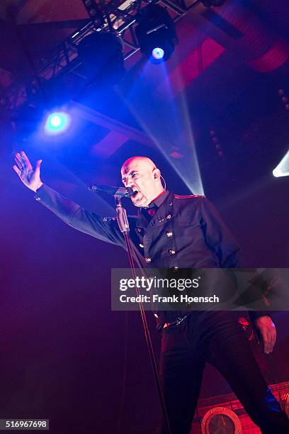 Singer Alexander Wesselsky of the German band Eisbrecher performs live during a concert at the Columbiahalle on March 18, 2016 in Berlin, Germany.