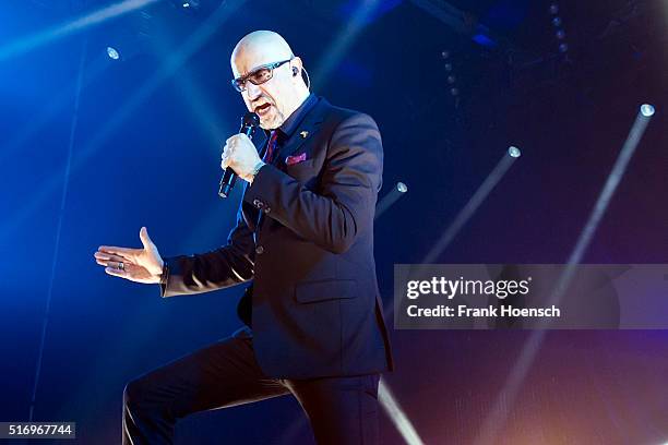 Singer Alexander Wesselsky of the German band Eisbrecher performs live during a concert at the Columbiahalle on March 18, 2016 in Berlin, Germany.