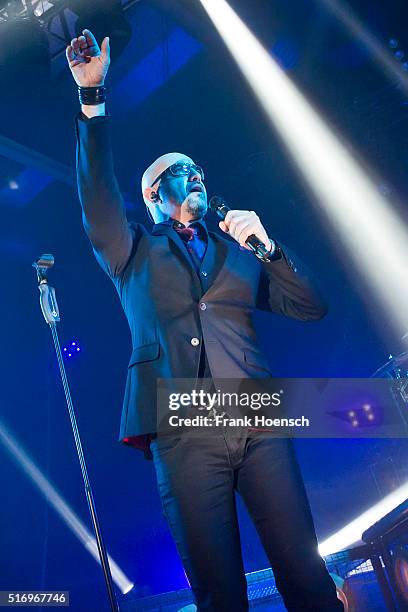 Singer Alexander Wesselsky of the German band Eisbrecher performs live during a concert at the Columbiahalle on March 18, 2016 in Berlin, Germany.