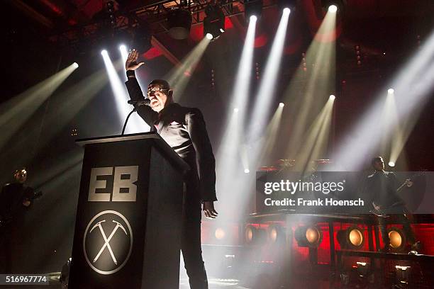 Singer Alexander Wesselsky of the German band Eisbrecher performs live during a concert at the Columbiahalle on March 18, 2016 in Berlin, Germany.