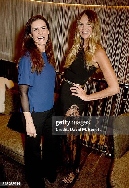 Livia Firth and Elle Macpherson attend the BFC/Vogue Designer Fashion Fund 2016 winners announcement at the Bulgari Hotel on March 22, 2016 in...