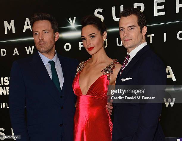 Ben Affleck, Gal Gadot and Henry Cavill attend the European Premiere of "Batman V Superman: Dawn Of Justice" at Odeon Leicester Square on March 22,...