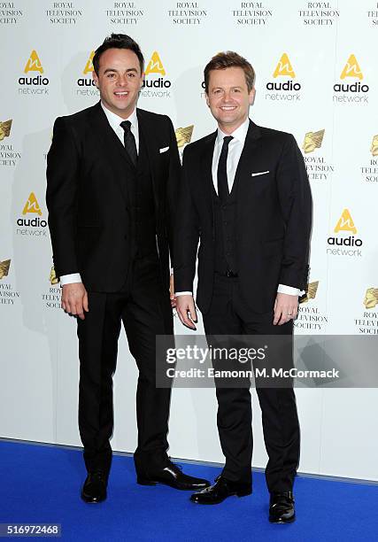 Anthony McPartlin and Declan Donnelly arrive for The Royal Television Society Programme Awards at The Grosvenor House Hotel on March 22, 2016 in...