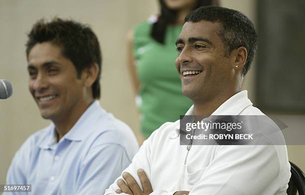 Mexican goalkeeper Jorge Campos and Brazilian soccer star Romario de Souza answer questions during heir press conference at the Los Angeles Coliseum,...