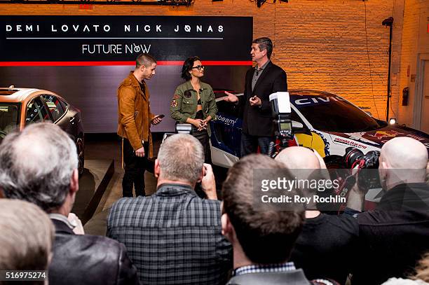 Demi Lovato and Nick Jonas attend the Honda Civic Tour Artists Announcement and Honda Civic North America Launch Event at the Garage on March 22,...