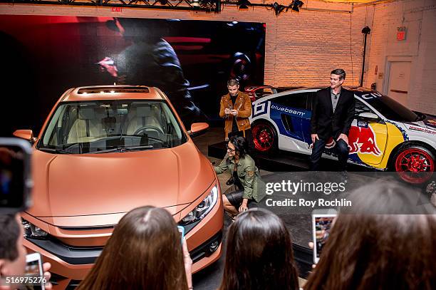 Demi Lovato and Nick Jonas attend the Honda Civic Tour Artists Announcement and Honda Civic North America Launch Event at the Garage on March 22,...