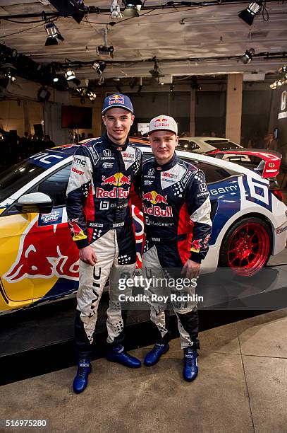 Drivers for Red bull global Rallycross Sebastian Eriksson and Joni Wiman attend the Honda Civic Tour Artists Announcement and Honda Civic North...