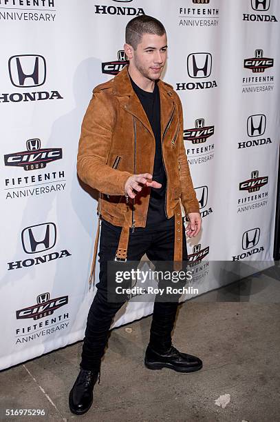 Nick Jonas attends the Honda Civic Tour Artists Announcement and Honda Civic North America Launch Event at the Garage on March 22, 2016 in New York...