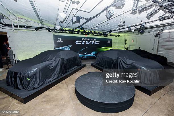 View of the unvieled cars the Honda Civic Tour Artists Announcement and Honda Civic North America Launch Event at the Garage on March 22, 2016 in New...