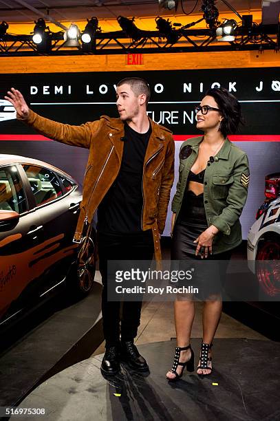 Demi Lovato and Nick Jonas attend the Honda Civic Tour Artists Announcement and Honda Civic North America Launch Event at the Garage on March 22,...