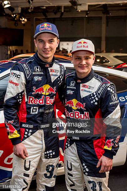 Drivers for Red bull global Rallycross Sebastian Eriksson and Joni Wiman attend the Honda Civic Tour Artists Announcement and Honda Civic North...