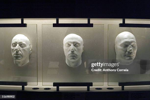 Lifemasks of actors Al Pacino, Christopher Walken and Jack Palance hang on display at the Museum of the Moving Image during the reception for the...