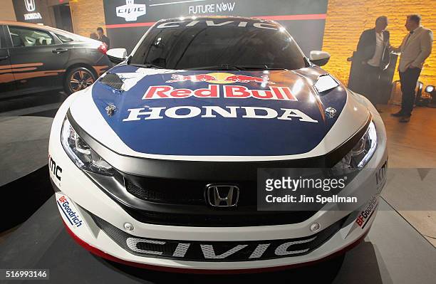 The 2016 Civic Red Bull Global Rallycross racecar on display at the 2016 Honda Civic Tour Artists Announcement and Honda Civic North America Launch...