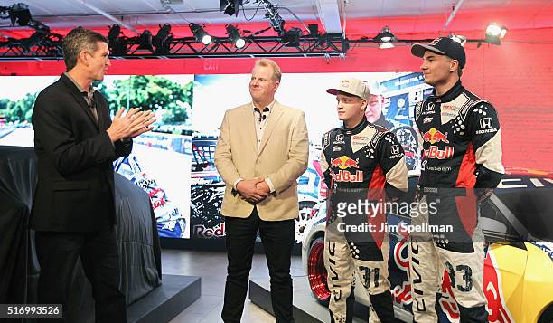 Manager of National Advertising Honda USA Nick Lee and the 2016 Civic Red Bull Global Rallycross racecar team at the 2016 Honda Civic Tour Artists...
