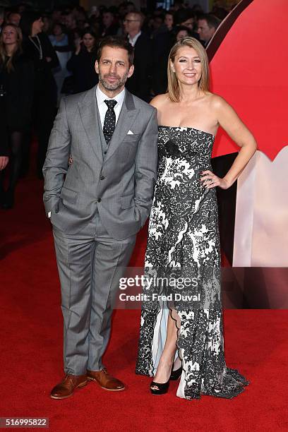 Zack Snyder and Deborah Snyder attend the European Premiere of "Batman v Superman: Dawn Of Justice" at Odeon Leicester Square on March 22, 2016 in...