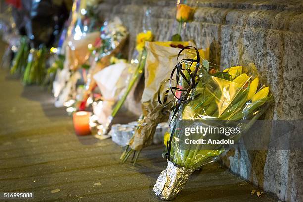 French people leave flowers to pay respect to Belgium after Brussels Terror attack, at the Belgian Embassy in Paris, France on March 22, 2016.