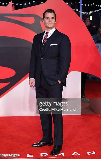 Henry Cavill arrives for the European Premiere of 'Batman V Superman: Dawn Of Justice' at Odeon Leicester Square on March 22, 2016 in London, England.