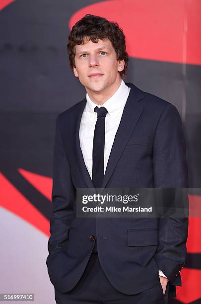 Jesse Eisenberg arrives for the European Premiere of 'Batman V Superman: Dawn Of Justice' at Odeon Leicester Square on March 22, 2016 in London,...