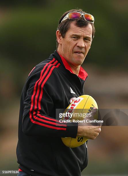 Bombers assistant coach Mark Harvey looks on during an Essendon Bombers AFL training session at True Vaule Solar Centre on March 23, 2016 in...