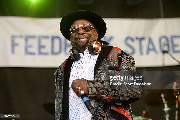Singer George Clinton performs onstage with Parliament-Funkadelic during the 2016 Rachael Ray Feedback SXSW party at Stubbs on March 19, 2016 in...