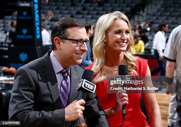 Nets sideline reporters Ian Eagle and Sarah Kustok before the Brooklyn Nets against Charlotte Hornets on March 22, 2016 at Barclays Center in...