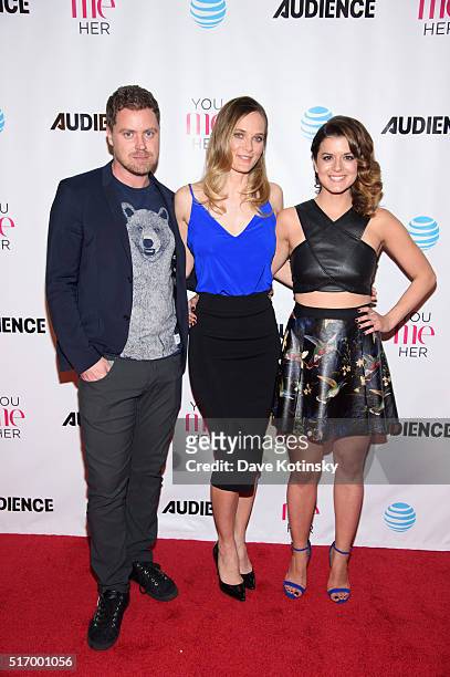 Greg Poehler, Rachel Blanchard and Priscilla Faia attend the "You Me Her" New York Premiere at AMC Loews Lincoln Square on March 22, 2016 in New York...