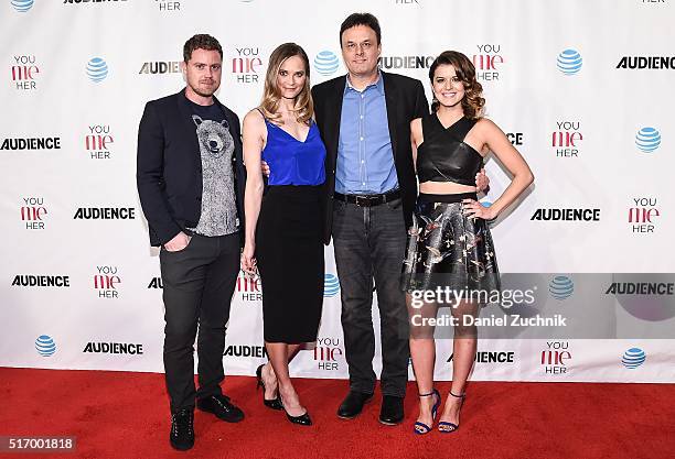 Actors Greg Poehler, Rachel Blanchard and Priscilla Faia with director John Scott Shepherd attend the New York Premiere of 'You Me Her' at AMC Loews...