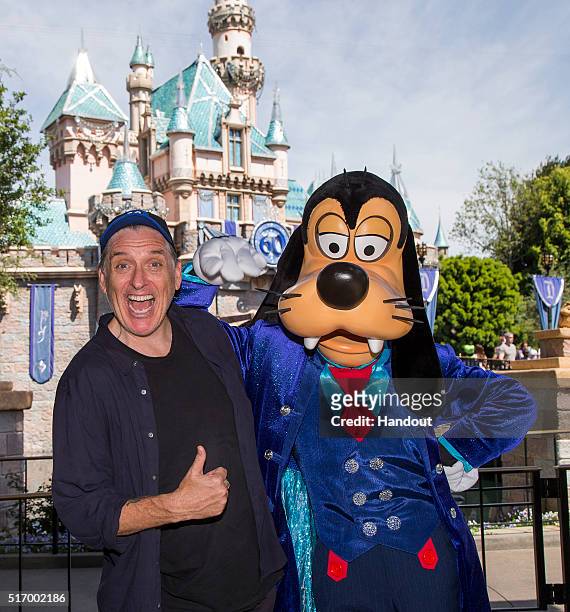 Television personality and comedian Craig Ferguson meets with Goofy, dressed in attire in honor of the Disneyland Resort Diamond Celebration, at...