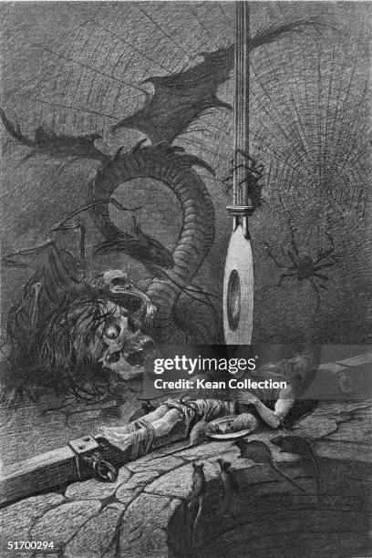Man bound next to a pit sees horrific images of a dragon, a skeleton, a skull, and giant spiders as he is slowly tortured by a razor-edged pendulum,...