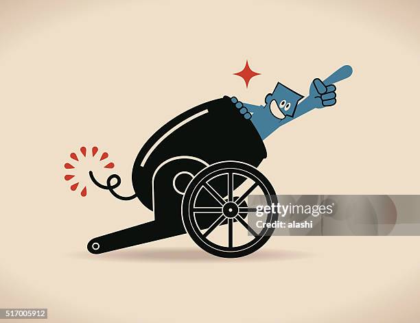 illustrations, cliparts, dessins animés et icônes de souriant confiant homme d'affaires de cannon, prêt à aller (photo shoot), - tend fire