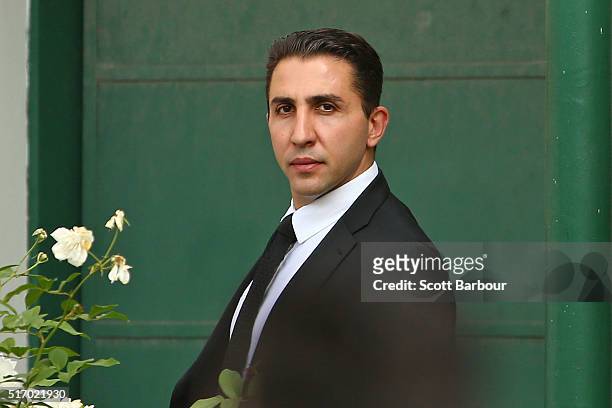 Alleged gangland boss Rocco Arico leaves the funeral service for Joseph 'Pino' Acquaro at St Mary's Star of Sea Catholic Church on March 23, 2016 in...