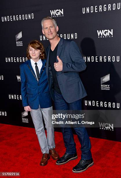 Actors Toby Nichols and Reed Diamond arrive for the Premiere Of WGN America's "Underground" at The Theatre At The Ace Hotel on March 2, 2016 in Los...