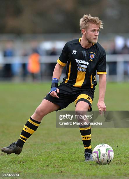 Ben Sayer of Morpeth Town in action during the FA Vase Semi Final Second Leg match between Morpeth Town AFC and Bowers & Pitsea FC at Craik Park on...