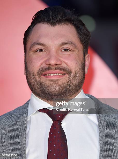 Alex Corbisiero arrives for the European Premiere of 'Batman V Superman: Dawn Of Justice' at Odeon Leicester Square on March 22, 2016 in London,...