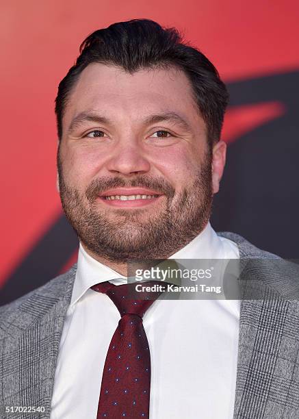 Alex Corbisiero arrives for the European Premiere of 'Batman V Superman: Dawn Of Justice' at Odeon Leicester Square on March 22, 2016 in London,...