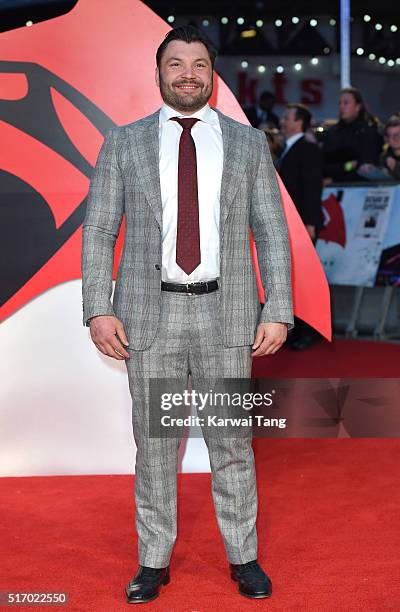 Alex Corbisiero arrives for the European Premiere of 'Batman V Superman: Dawn Of Justice' at Odeon Leicester Square on March 22, 2016 in London,...