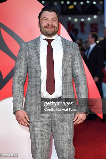 Alex Corbisiero arrives for the European Premiere of 'Batman V Superman: Dawn Of Justice' at Odeon Leicester Square on March 22, 2016 in London,...