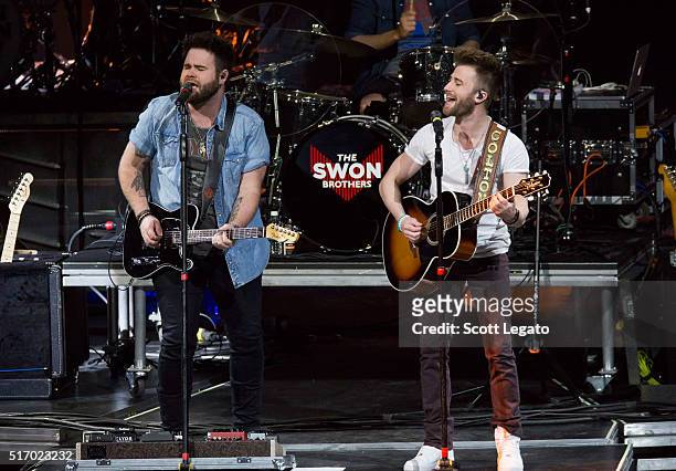 Zach Swon and Colton Swon of the Swon Brothers perform during The Storyteller Tour 2016 at The Palace of Auburn Hills on March 22, 2016 in Auburn...