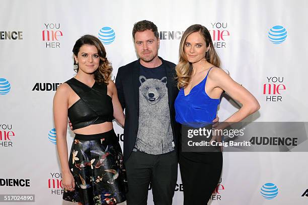 Priscilla Faia, Greg Poehler and Rachel Blanchard attend the DirecTV "You Me Her" Premiere on March 22, 2016 in New York City.