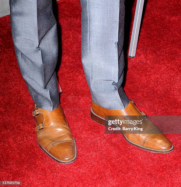 Actor Jake Abel, shoe detail, attends the premiere of Sony Pictures Classics' 'I Saw The Light' at the Egyptian Theatre on March 22, 2016 in...