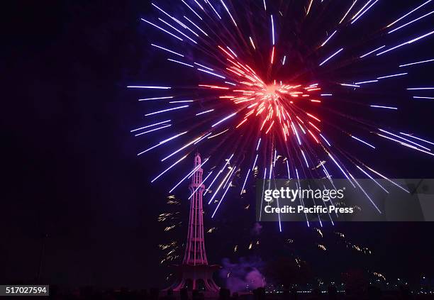 View of beautiful multi colored fireworks at Historical place in Minar-e-Pakistan as the nation begins festivities regarding the Pakistan Day...