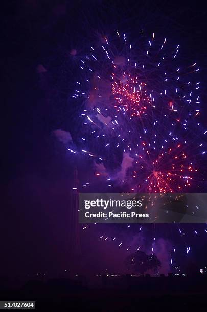 View of beautiful multi colored fireworks at Historical place in Minar-e-Pakistan as the nation begins festivities regarding the Pakistan Day...