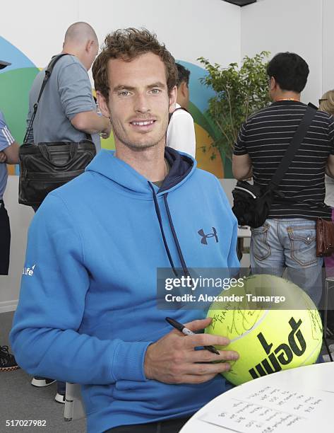 Andy Murray is seen during the Miami Open Media Day at Crandon Park Tennis Center on March 22, 2016 in Key Biscayne, Florida.