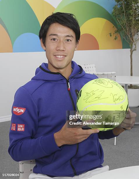 Kei Nishikori is seen during the Miami Open Media Day at Crandon Park Tennis Center on March 22, 2016 in Key Biscayne, Florida.